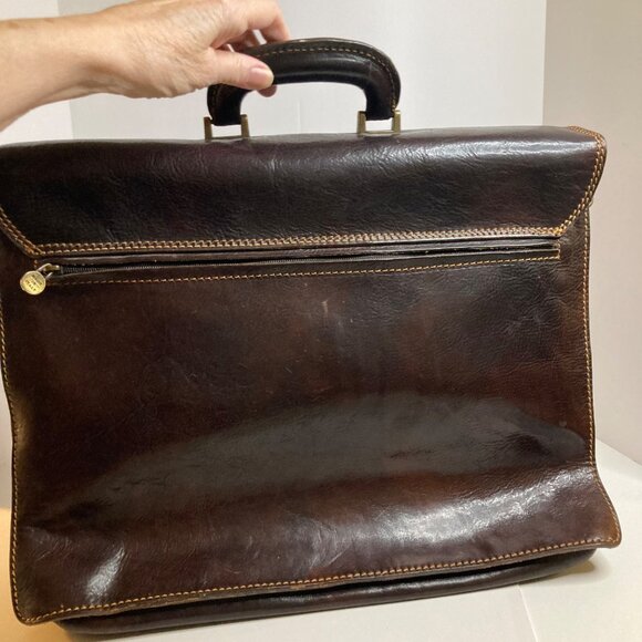 Mens Vintage Italian Leather Briefcase Attache Case Dark Brown 13 x17" Flaw - Picture 2 of 11